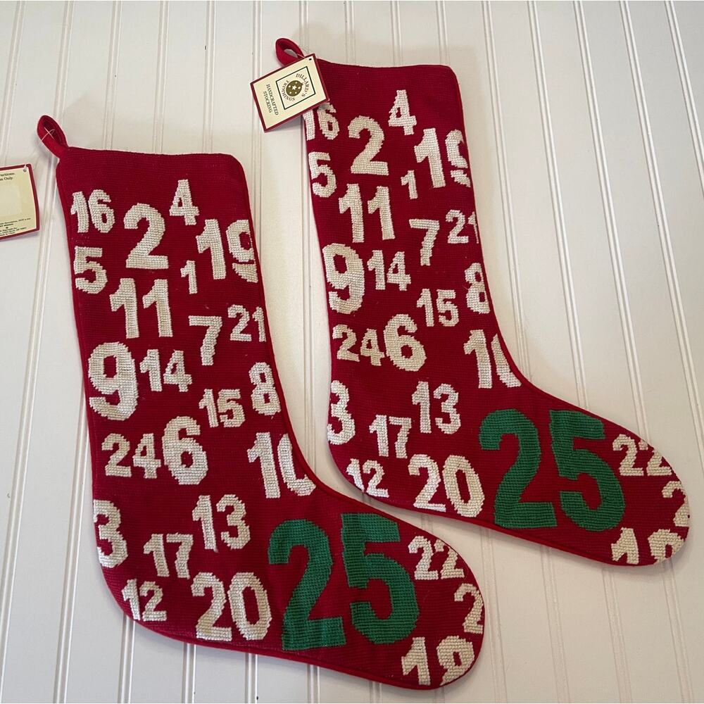 2 Vintage NWT Dillards Red Needlepoint Stockings Christmas Holidays
